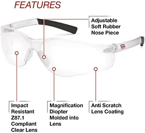 Lincoln Electric Bifocal Safety Glasses | 2,50 dioptria | Quadro de borracha macia em excesso | Lente clara | K3117-250