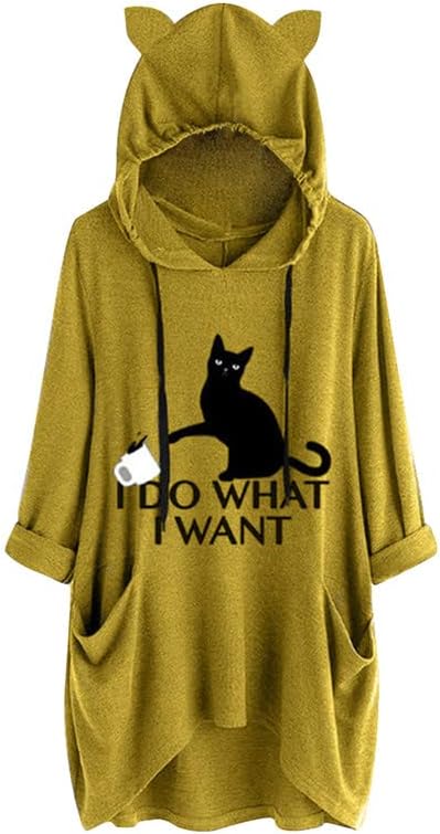 Gesaofa eu faço o que eu quero capuz gráfico de gato para mulheres bainha irregular 3/4 manga de gato com capuz de túnica