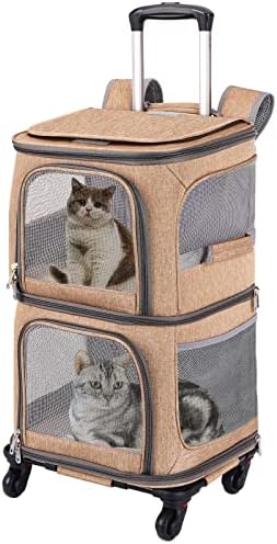 Voistino Double Pet Carrier Backpack com rodas para pequenos gatos e cães, transportadora de viagem de gatos, design super ventilado,