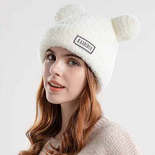 Miashui chapéu orelhas chapéu de pulôver fofo com lã espessante bola de barra sólida lã malha proteção orelha chapéu de inverno