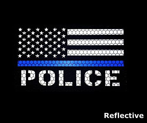 3x5 Patch da polícia refletiva grande, bandeira azul fino com gancho de volta para arnês de serviço de colar de colar