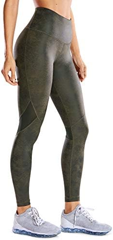 Crz Yoga Fuaux Leather Workout Leggings 25 polegadas - calças atléticas apertadas de malha com revestimento fosco de drawcord