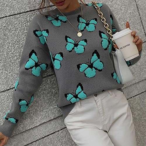 Mulheres Prinha Butterfly Knit Sweater Manga longa Pullover gráfico fofo Tops 2022 Bloups casuais de outono