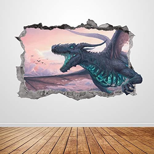 Decalque Dragon Wall Smashed 3D Graphic Fantasy Wall Sticker Art Art Mural Poster Kids Room Decoração Presente Up215