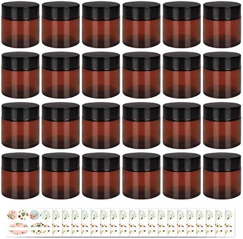 24 Pack 60g/2oz âmbar frascos de vidro redondo - recipientes de cosméticos vazios com forros internos, tampas pretas