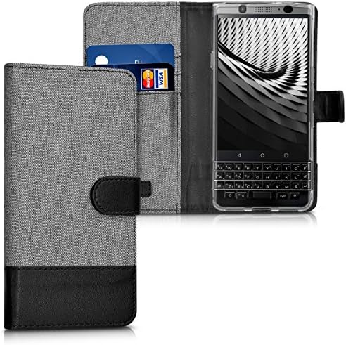 Caixa de carteira Kwmobile Compatível com BlackBerry KeyOne - Caso Fabric e Faux Leather Phone Tampa - cinza/preto