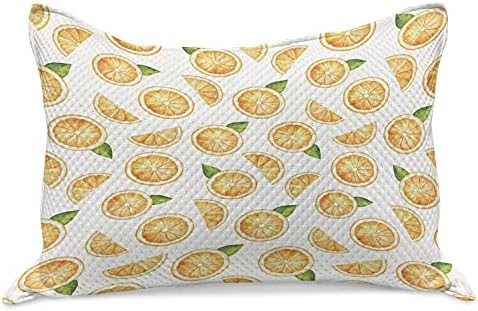 Ambesonne Green e laranja malha de colcha de travesseiros, fatias de laranjas com folhas Padrão de frutas aquarela