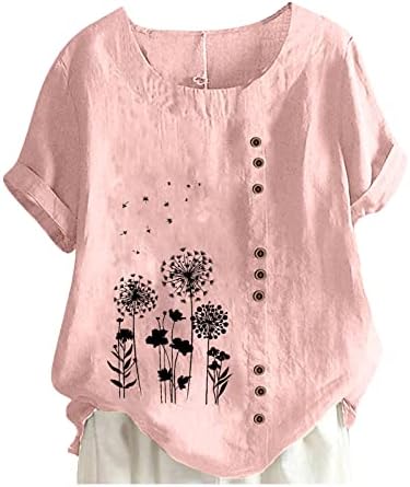 Plus size algodão tshirts tshirts feminino casual manga curta impressão floral botão túnica camiseta solta blusa de gola alta