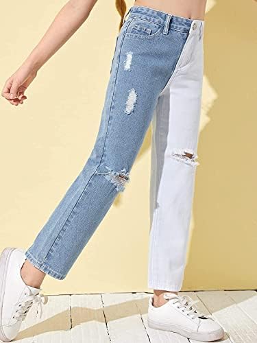 FLOERNS Girls Colorblock High Cinto Ripped Jeans Destruí calças jeans