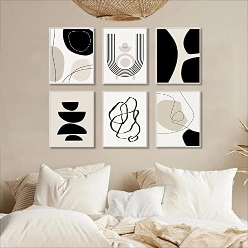 Resumo Boho Wall Art Prints Conjunto de 6, minimalista geométrica Boho Art Wall Art preto marrom bege linha arte pintura de pintura