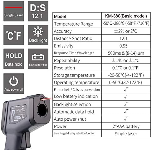 Kaemeasu Termômetro Infravermelho Digital -58 ℉ -716 ℉ Alta precisão Handheld não contato Termômetro eletrônico Gun KM-380