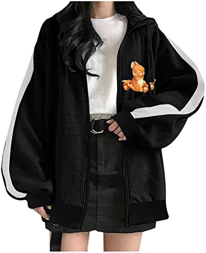 Hoodies para mulheres fofas estampas de animais com zíper de batedeira colorida casual com capuz de manga longa com capuz com bolsos