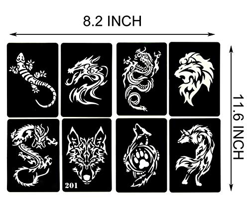 Kotbs 4 lençóis estênceis de tatuagem temporária, 32pcs padrões de animais kit de estêncil de tatuagem de tatuagem henna