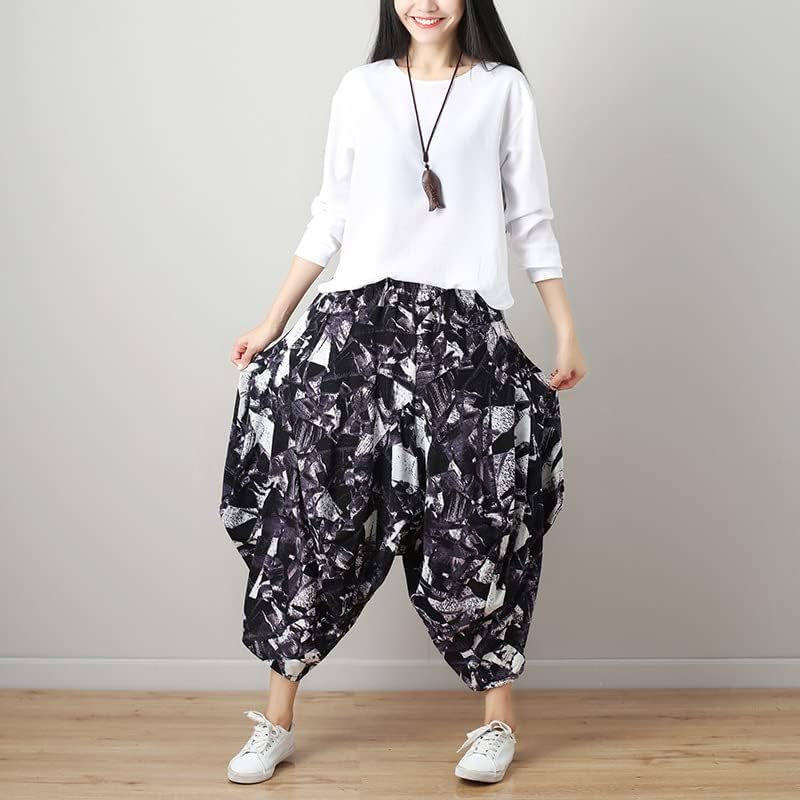 Uktzfbctw calças japonesas harém streetwear feminino cintura elástica étnica solta calça longa cor de perna larga 3 m