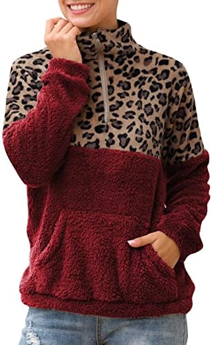 Sweater de estampa de leopardo Kuaileya costura feminina 1/4 de zíper com casaco quente de lâmpada de dupla face com bolsos