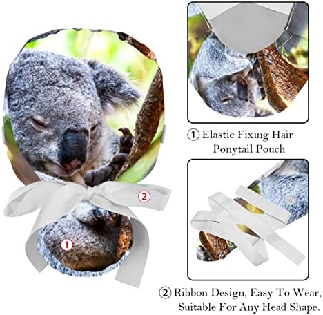 2 PCS Nurse Scrub Caps Cabelo longo, Capinho de trabalho ajustável de Koala Animal com botão e banda de moletom multicolorida