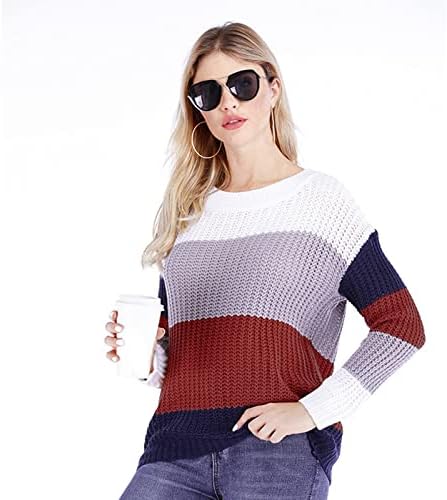 Blusas femininas coloras de listras contraste no pescoço redondo raglan sweter de tricô comprido suéter de malha