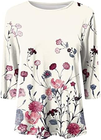 3/4 camisas de manga para mulheres, estampa floral de três quartos de manga redonda de camiseta do pescoço de pescoço