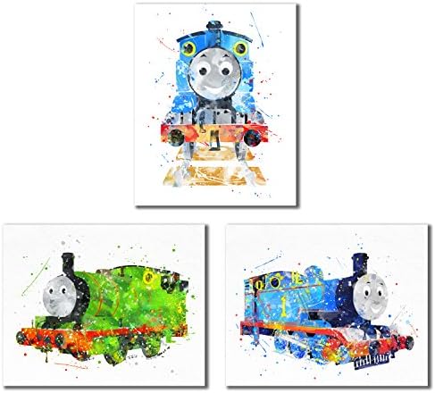 Thomas e amigos impressões de trem em aquarela - conjunto de 3 fotos de decoração de arte de parede - Thomas the Tank -