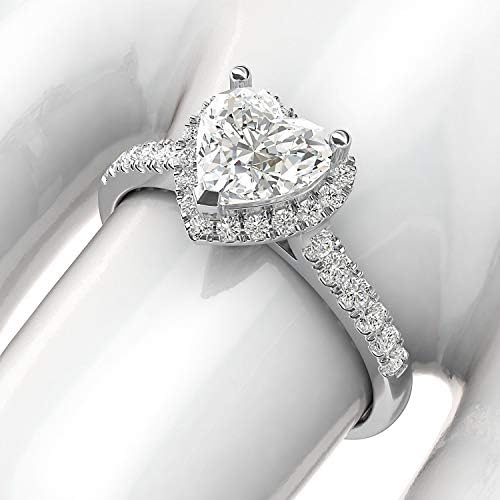 10k White Gold simulado em forma de coração em forma de coração anel de noivado de halo com pedras laterais promessa anel de noiva