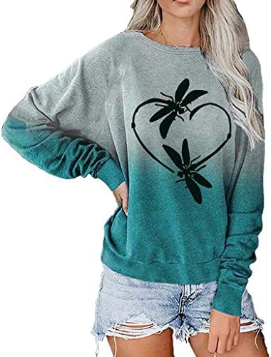 Fzylqy feminina feminina colorida de colorida de dragonfly impressão gráfica tops leves camisetas casuais suéteres solteiros camisetas