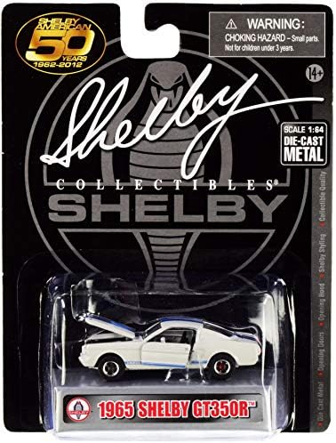 1965 Ford Mustang Shelby GT350R Branco com listras azuis Shelby American 50 anos 1/64 Modelo Diecast Model Car de Shelby Collectibles