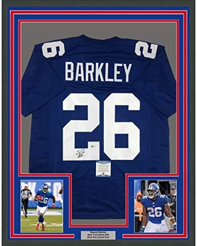 Saquon Barkley autografado/assinado emoldurado 33x42 Jersey de futebol azul de Nova York Beckett Bas Coa