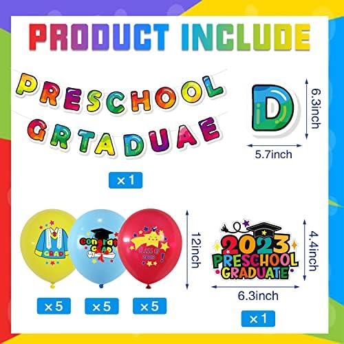 Decorações de festas de graduação pré -escolar - 2023 Banner de graduação em pré -escolar e 15 balões de látex para a celebração pré