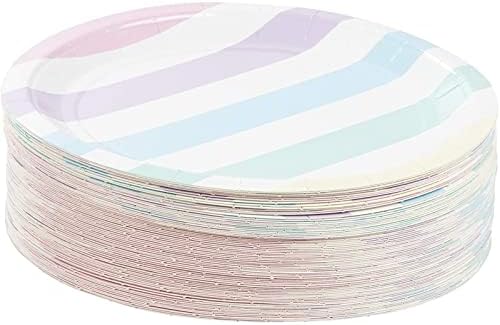 Placas de papel descartáveis ​​de 80 contagens, design de listras pastel multicoloridas, 9 polegadas