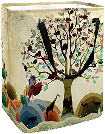 Colorido rico rico árvore selvagem pássaros de animais cesta de armazenamento de veados, cesto de lavanderia grande com alças