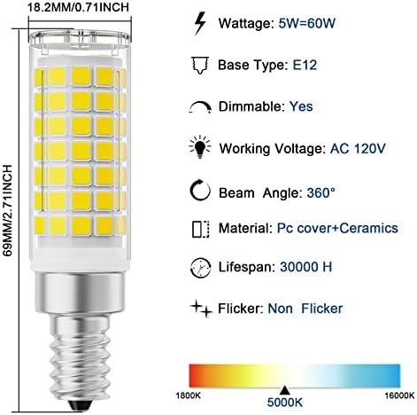 Dkjwdk Dimmable E12 Bulbo Candelabra 60 Watt equivalente, 5000k Luz do dia Branco, 550 -Lumens, 5W T6 lâmpadas de candelabra