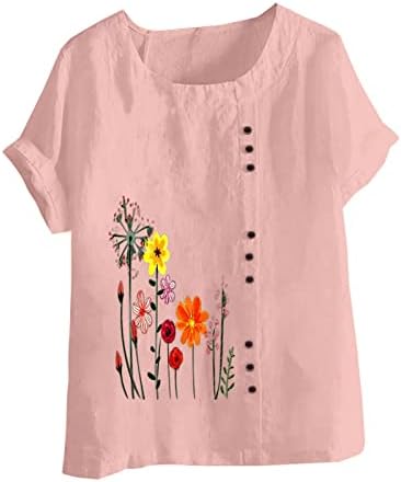 Camiseta da blusa para mulheres manga curta linho de linho de algodão rosa margarida floral floral casual camiseta de tamanho grande