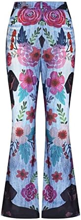 Calça de jeans de perna reta floral da feminina Floral calça elástica de cintura alta calça de jea
