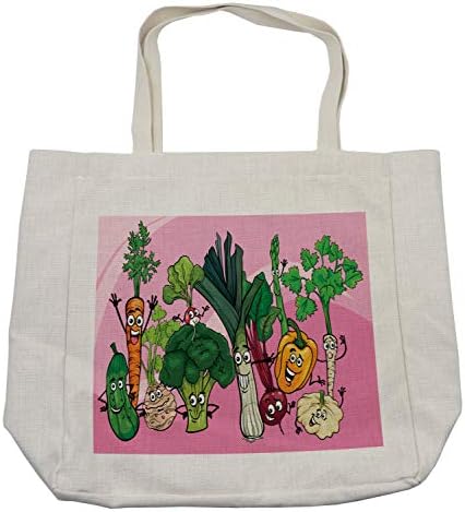 Bolsa de compras de vegetais de Ambesonne, gráfico temático de alimentos saudáveis ​​com personagens de nutrição feliz, bolsa reutilizável