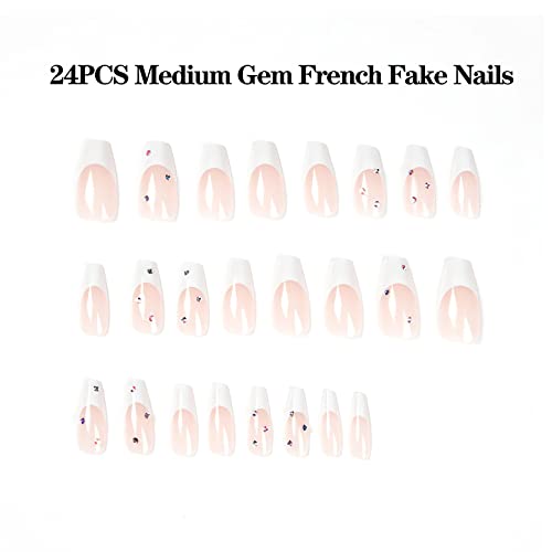 24pcs French Tip Press em unhas, caixões de Mudium unhas falsas com sparkle shinestones designs, bastão de acrílico