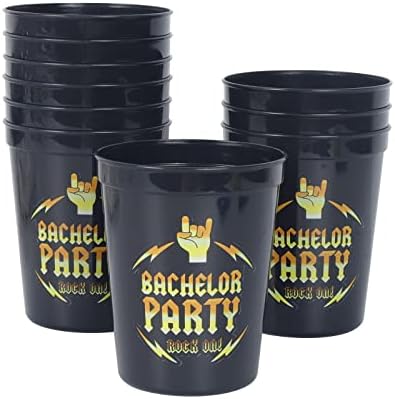 Brosash Bachelor Party Cups - pacote de 10 xícaras de plástico preto com textão de ouro Party - Rock On! | Bacharelas favorecem
