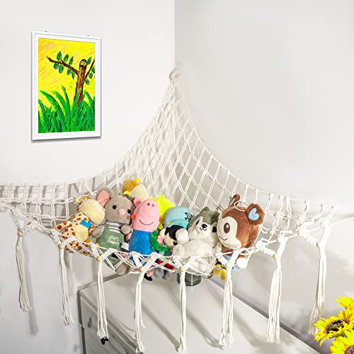 Hammock de animais de pelúcia, rede de animais recheada com hammock de brinquedo com tassels macram, portador de líquido de brinquedos