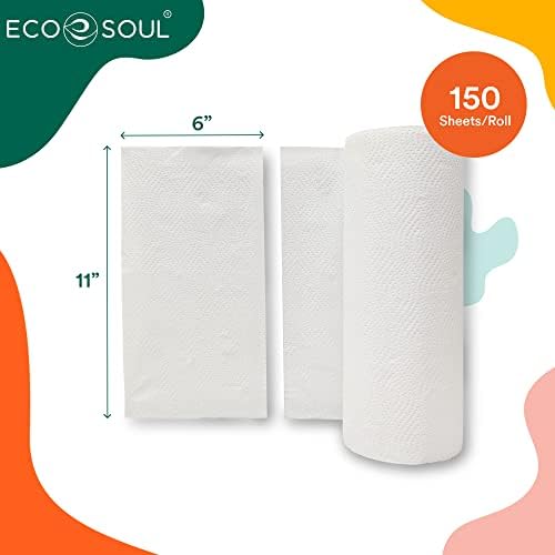 Eco Soul Bamboo Kitchen Paper Toalhas Conjunto de 6 rolos | 900 folhas, 150 folhas por rolo | 2 Ply Ultra absorvente,