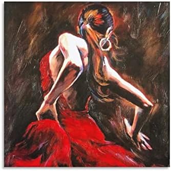 16x16inch Pintura a óleo pintada à mão Canvas Art Dançarina de flamenco espanhola em Red Dress Ilustração Obra de arte Mulher Modern