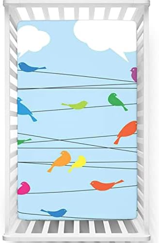Pássaros em um mini-berço com tema de arame lençóis de berço, lençóis de berço portáteis folhas de colchão de colchão