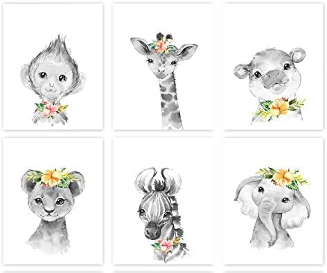 Decoração de parede do berçário | Conjunto de 6 decoração de parede para bebês / safari animais rostos decoração de parede
