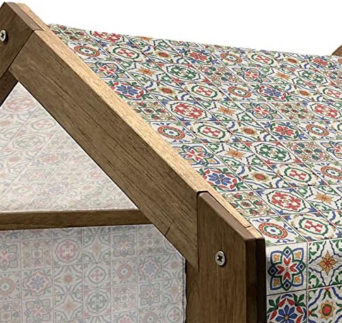 Casa de animais de estimação de madeira geométrica lunarável, inspirações no padrão de cerâmica português azulejo, mosaicos