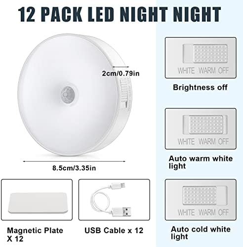 12 peças Luzes LED Puck USB Sensor de movimento de movimento Light Closet Recarregável Sensor de movimento Luz sem