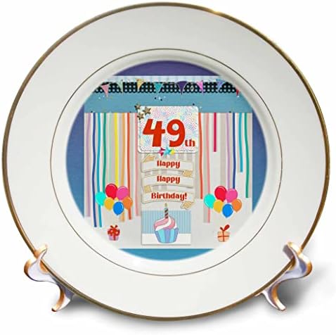 Imagem 3drose da 49ª etiqueta de aniversário, cupcake, vela, balões, presente, streamers - placas