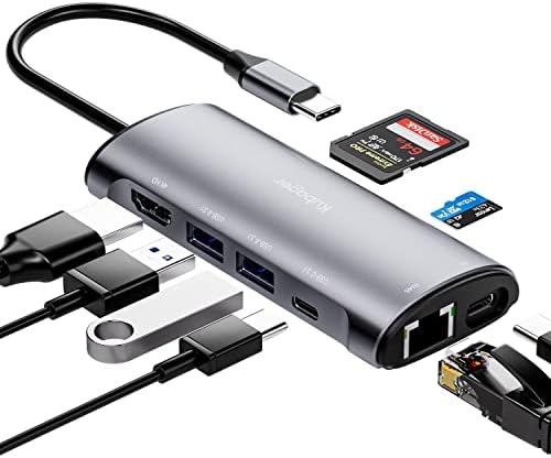 USB C Hub, Kubager 8 em 1 USB C a 4K@60Hz Adaptador HDMI com 1000m Ethernet, 2 USB 3.1, USB-C 3.1, 100W PD, SD/TF