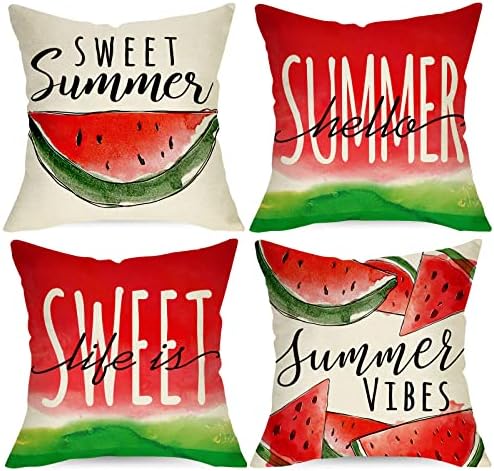 USSAP Hello Summer Watercolor Watermelon Decorative Pillow Capas 16 x 16 Conjunto de 4, Life Is Sweet Cushion Caso Decor, decoração