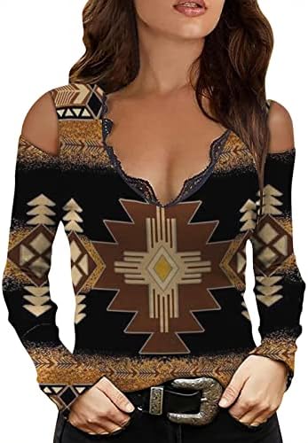 Corte sexy fora dos ombros Tops para mulheres Tomas de camisetas astecas ocidentais tops retro étnico blusa gráfica de túnica de