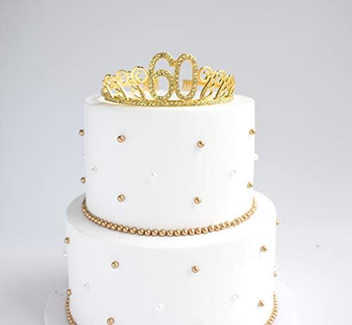 Tiara e faixa de ouro de 60 anos, faixa de cetim glitter e strass de cristal coroa de aniversário para festas de aniversário de