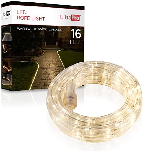 Luzes de corda LED de fuga Ultrapro, 3000k branco quente, interno ou externo, 16 pés, vinculadas, perfeitas para deck, jardim,