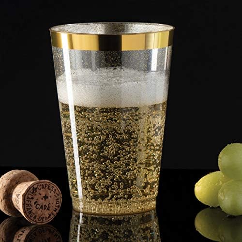 100 copos de plástico de ouro 12 oz Glitter com uma borda de ouro - Copas de festa descartáveis ​​premium - Copos elegantes e elegantes